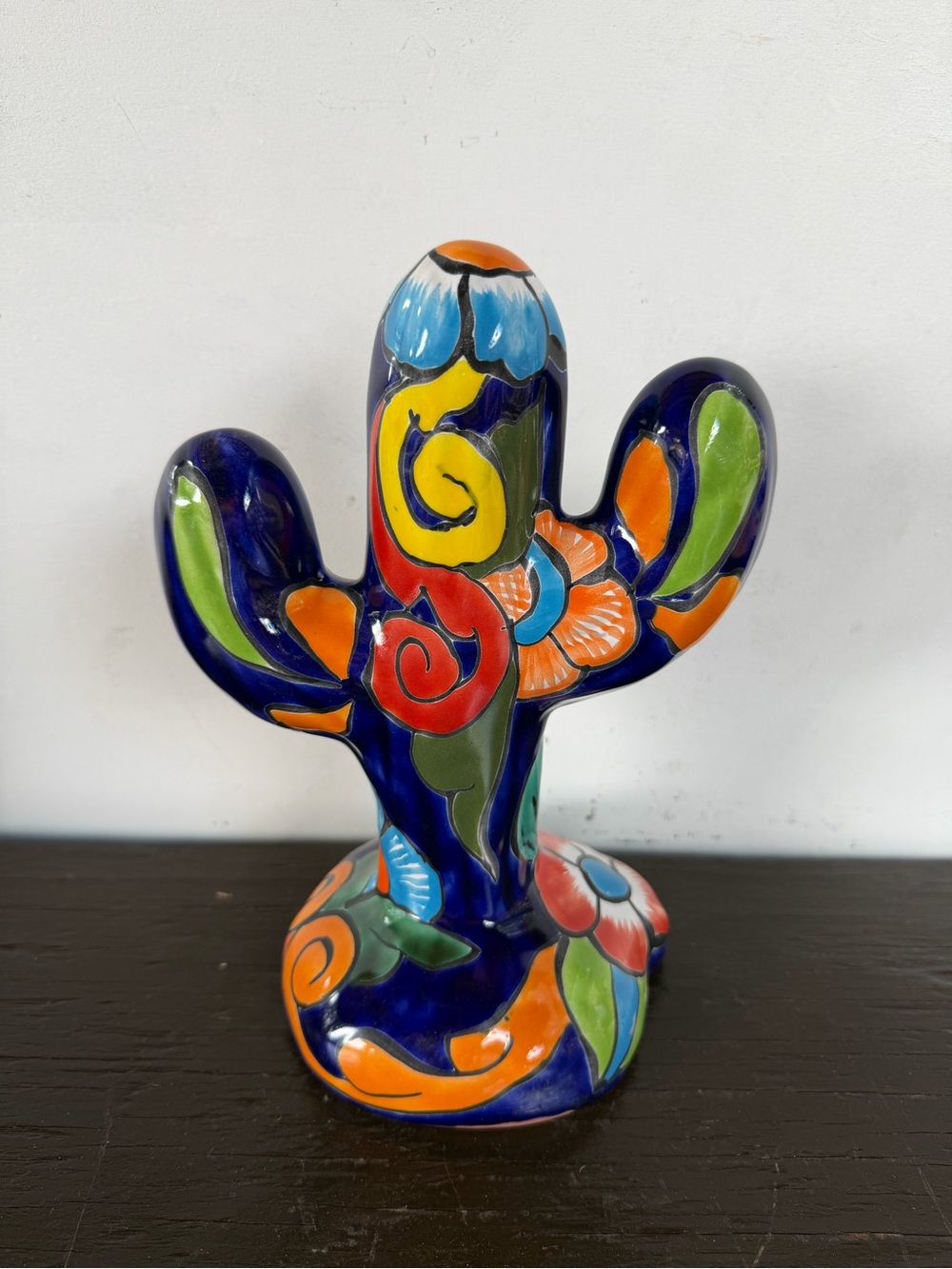 Hand-Painted Talavera  Blue Floral Cactus Figurine - Home Art